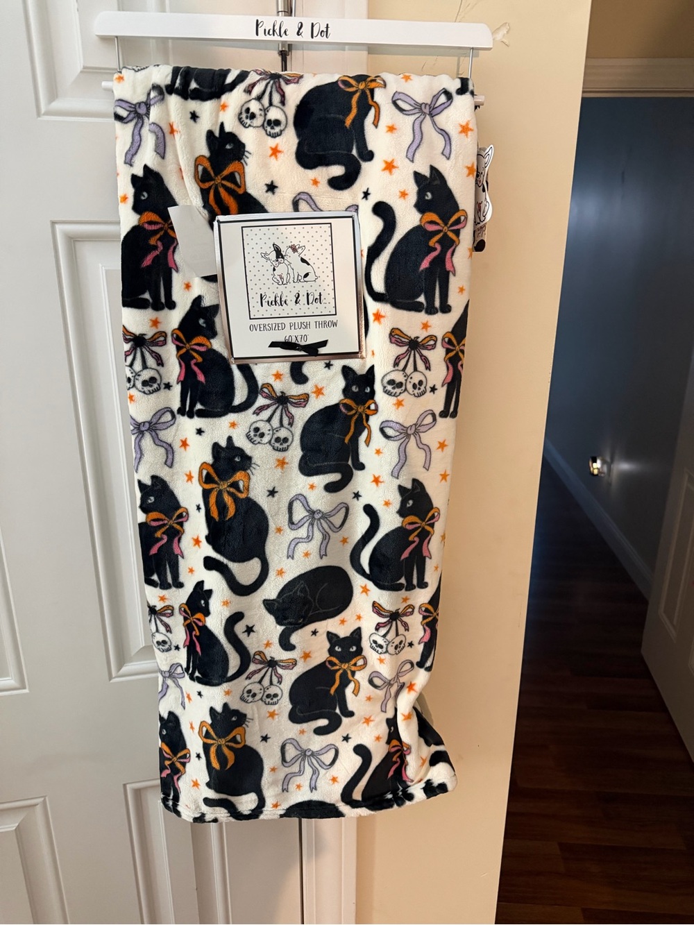 Pickle & Dot Halloween Oversized Plush Throw Blanket with Cats, Bows & Skulls